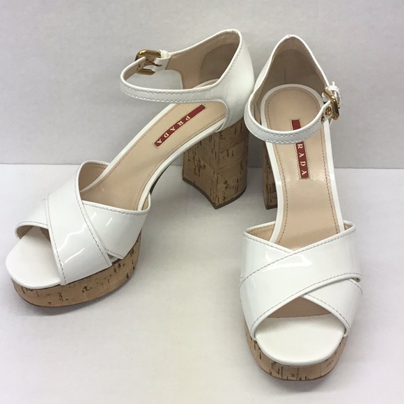 PRADA White Patent Block Heel Sandal Gold Hardware - Picture 2 of 13